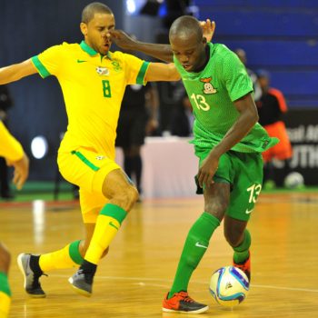 Adrian Chama of Zambia challenged by Renaldo Donnelly of South Africa during the 2016 Futsal African Cup of Nations match between South Africa and Zambia at the Ellis Park Stadium in Johannesburg, South Africa on April 17, 2016 ©Samuel Shivambu/BackpagePix
