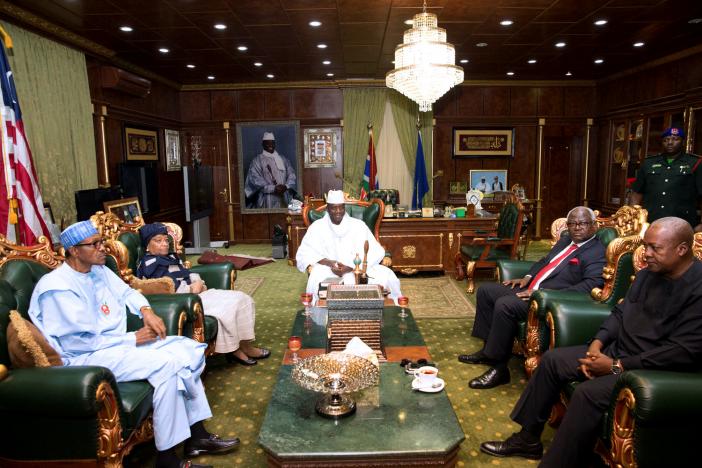 Gambian President Yahya Jammeh attends a meeting with a delegation of West African leaders during the election crisis mediation at the presidential palace in Banjul