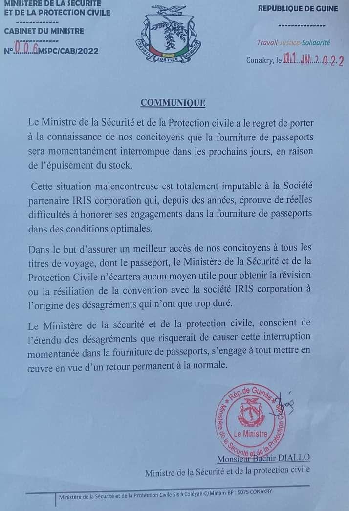 Guinée : le ministre de Sécurité annonce une interruption de la délivrance des passeports