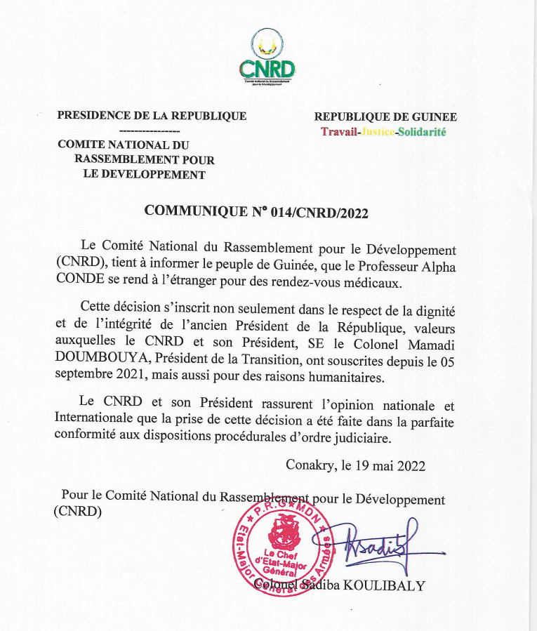 Urgent : le CNRD autorise l’ancien président, le Prof. Alpha Condé, d’aller se faire traiter à l’étranger